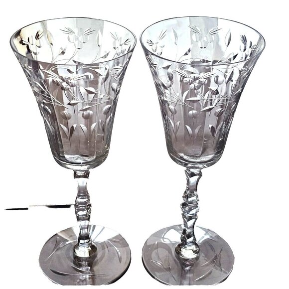 2 Seneca Elegant Optic Cut Floral Vines Wine Goblets 8" vintage stem leaves - Picture 3 of 14